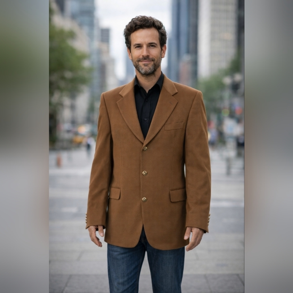Elegant Virgin Wool And Cashmere Brown Men's Blazer Sz 50